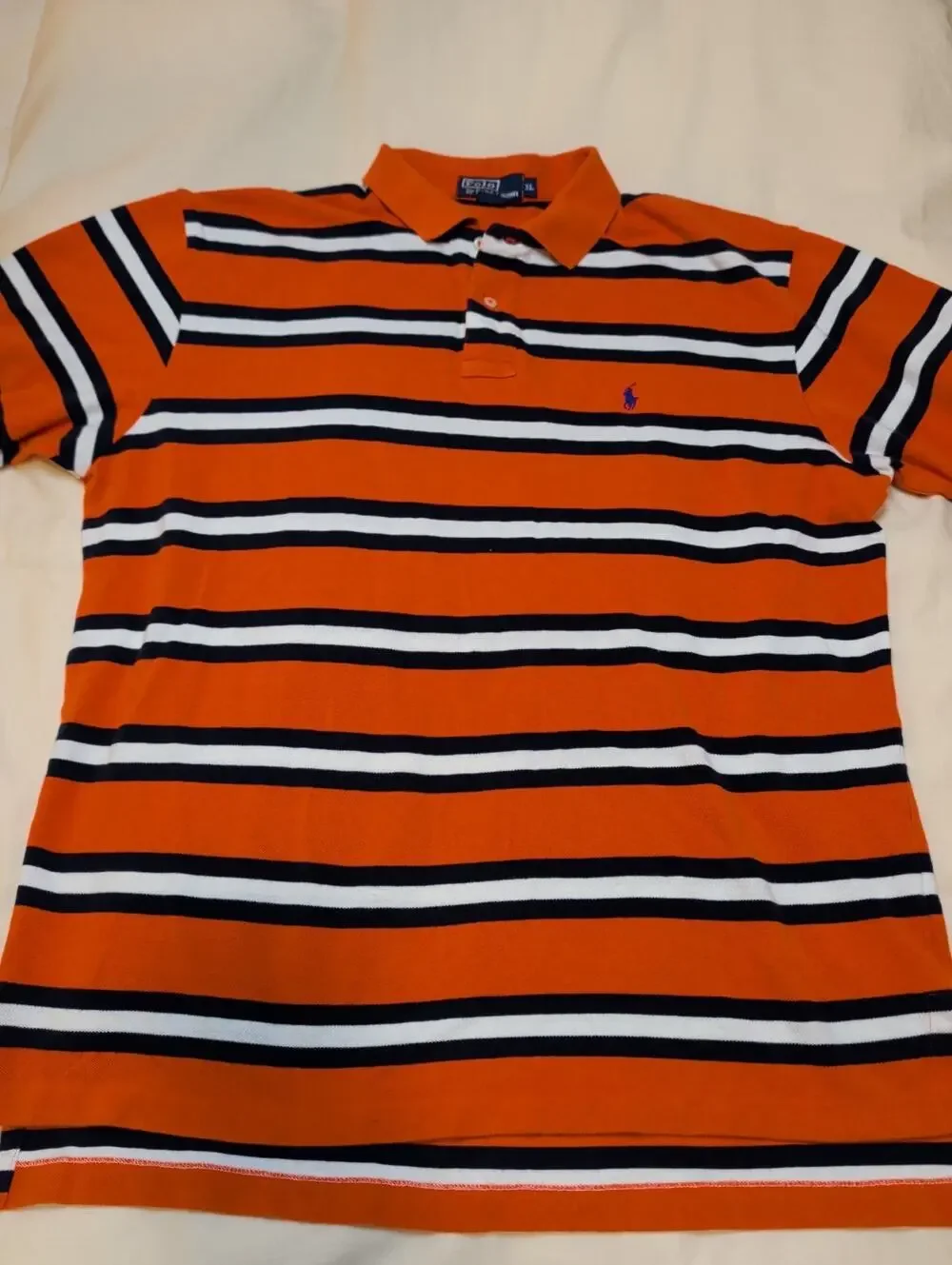 Polo Ralph Lauren Shirt Mens XL Orange Navy White Striped Short Sleeve Pony Logo